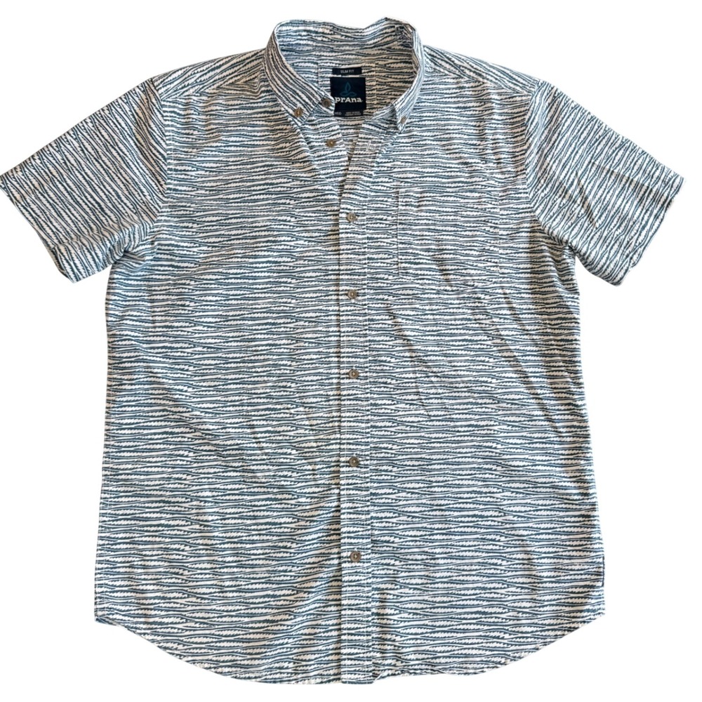 Prana Button Down Shirt Mens Medium blue wave Slim Fit Organic Cotton Print